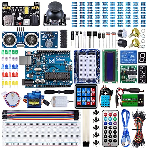 Miuzei Starter Kit Compatible with Arduino Projects LCD1602 Module, Breadboard, Servo, 9V 1A Power Supply, sensors, LEDs, Detailed Tutorial