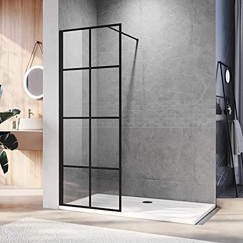 ELEGANT Walk in Black Shower Screen for Wet Room 8mm Safety Tempered Glass Screen Panel Bathroom Reversible Black Grid Framed Shower Screen 800mm