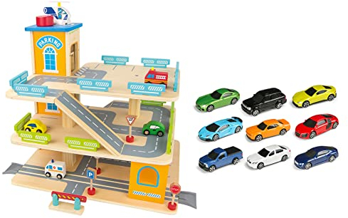 Leomark Große Parkgarage aus Holz - Stabil Parkhaus - Garage mit Zubehör, Spielgarage mit einem Lift, Hubschrauber, Holzgarage mit 9 Metallautos Natural