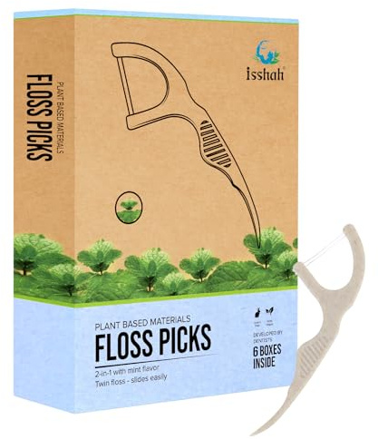 Natural Dental Floss Picks (300 Count) - Kraft Paper Box Packaging, Plant Based, PETA Approved Vegan, Eco Friendly, Sustainable Dental Flossers - Twin Floss (Mint)
