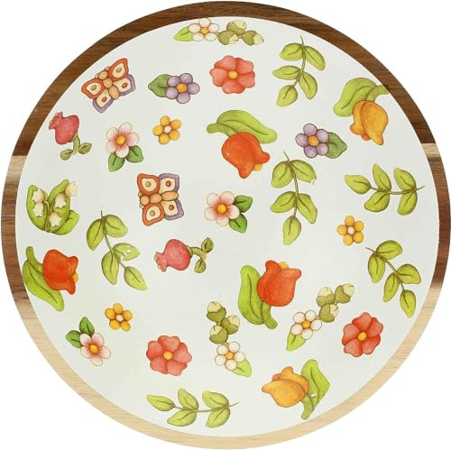 THUN, Ciotola in Legno d'Acacia Smaltato Decorato a Mano con Motivi Floreali, Versione Maxi, Linea Happy Country, 23x23x6.5 cm