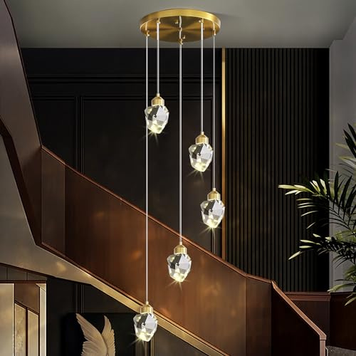 Sxtiger Modern Crystal Pendant Light, 3-Color LED Gold Ceiling Hanging Lamp, for Kitchen Island Bedroom Living Room Dining Room Lighting (5-Head Round Base)