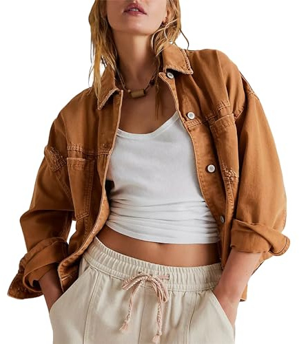 JIER Femmes Boyfriend Denim Jacket Manches Longues lâche Veste en Jean Manteau en Jean (Brown,M)