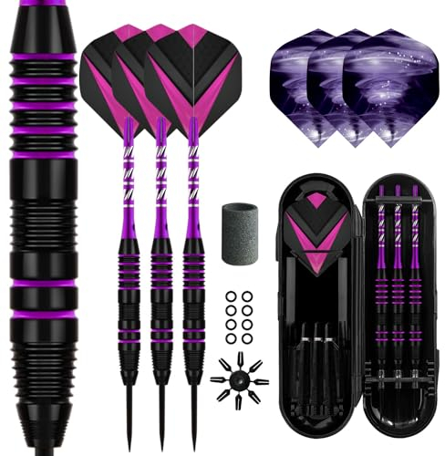 Lavishio Dart Metal Tip Set 3 Aluminum Dart Shafts Steel Tip Dart Set Professional Darts Steel Tip Set + Extra 3 Dart Flights 3 Replace Plastic Shafts (Purple)