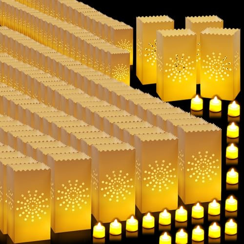 Retisee 50 Set Luminaries Plastic Bag with Flameless Candles Christmas LED Tea Lights with Reusable Luminaries Bag for Birthday Wedding Halloween Thanksgiving Party Decor(Sun)