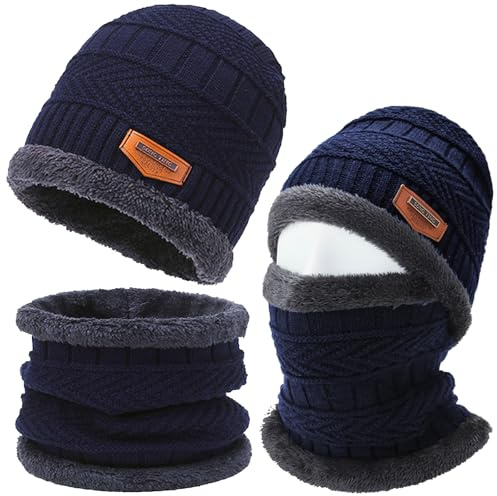 Axinyijia Ensemble Bonnet Tour de Cou Homme Hiver, Bonnet d'hiver Doublés de Polaire et Cache Cou Homme, Chapeau et Écharpe à Boucle pour Hommes (bleu)