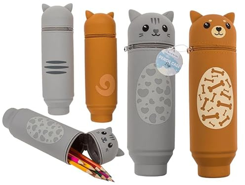 Generisch 2-in-1 Federmäppchen Hund/Katze aus Silikon – Große Kapazität, Stifteetui & Stiftehalter – Lustiges Tier-Mäppchen für Schule & Büro (orange/Hund)