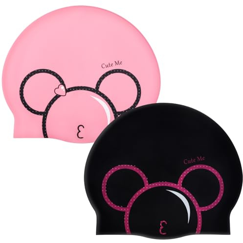RAIHOMKIT 2 PCS Swim Caps for Kids, Swimming Cap for Age 6-12 Boys Girls, Silicone Cartoon Swimming Hats for Child Long and Short Hair, Waterproof Kids Bathing Caps, Keep Hair Dry