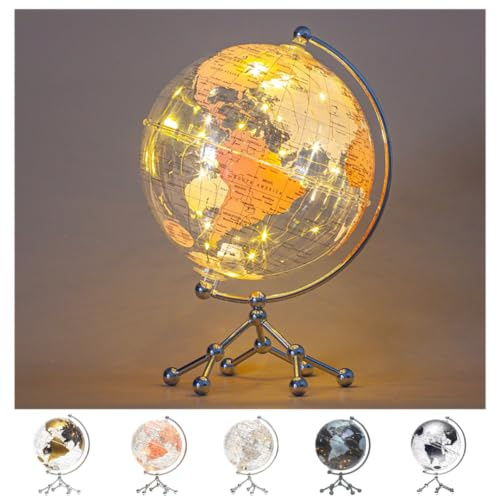 Upplyst jordglob LED 20 cm transparent metallbas – dekorativ värld för hem, kontor, skola – 360° manuell rotation – pedagogisk presentidé för barn (rosa)