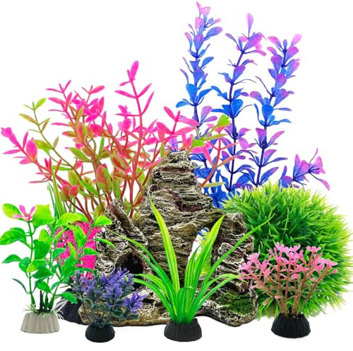 SLOCME Ensemble de plantes d'aquarium et de grotte en pierre – 8 pièces de décorations colorées artificielles pour aquarium, plantes d'aquarium en plastique pour Betta, poissons rouges, aquariums