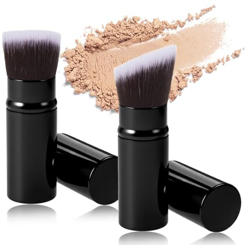 2 pennelli da trucco retrattili, Kabuki da viaggio, pennello per fondotinta portatile, per blush, protezione solare, bronzer, lucidatura, correttore, evidenziatore (piatto)