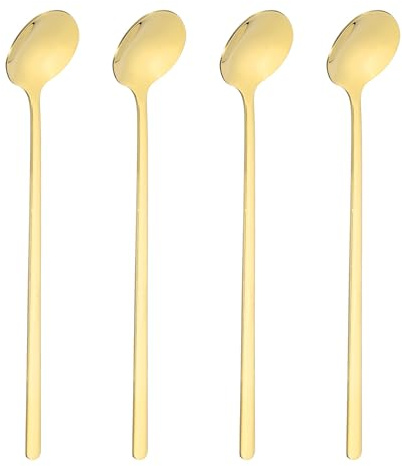 QUARKZMAN 4 Cucharas Para Revolver Té 7(17cm) Acero Inoxidable 304 Cucharas Soperas Redondas Con Mangos Largos Para Azúcar De Espresso Postre Cereal Helado Cóctel Café Accesorios De Bar Oro