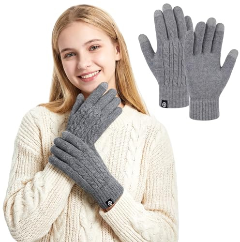 AYPOW Women Winter Wool Warm Touch Screen Gloves, Thermal Fleece Lined Elastic Anti-Slip Knitted Finger Gloves, Winter Accessories for Skiing Cycling Hiking Driving Working Running Outdoor Sports