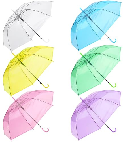 Clear Umbrella Bulk,Cute Colorful Transparent Stick Rain Umbrellas Windproof Waterproof with J Hook Handle for Wedding Guests Bride Groom Photography Daily Use Family Friend Gift (6, clear 6 colors)