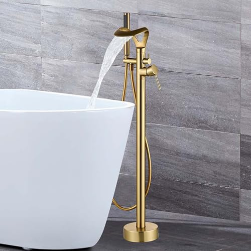 Mitigeur Baignoire Ilot Sur Pied Cascade avec Douchette Robinet de Baignoire Ilot Laiton Eau Froide et Chaude-Or Brossé