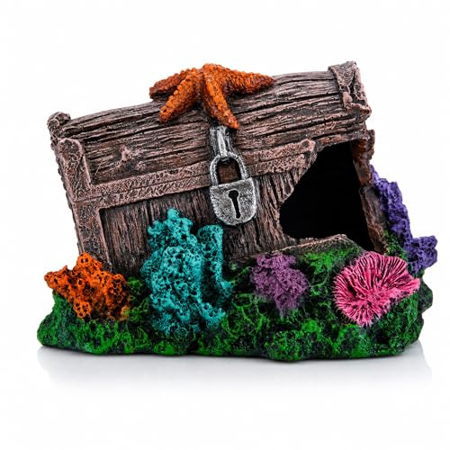 Fish Tank Decorations Aquarium Accessories – 15 x 10 x 10cm Durable Resin Aquarium Cave Fish Tank Hideaways – Smooth Edges and Easy to Clean – Multiple Swim Through Openings – Treasure Chest Design