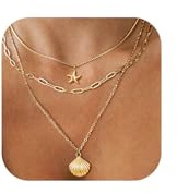 Shell Starfish Necklace Stack for Women, 14k Gold Plated Charm SeaShell Pendant Layered Necklaces Non Tarnish Waterproof Adjustable Choker Paperclip Necklace Stack Jewelry for Summer Beach Vacation