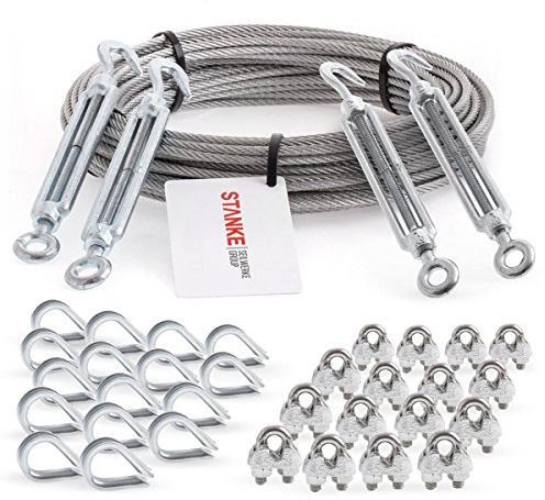 Seilwerk STANKE Cuerda de acero galvanizado 20m, Cuerda de acero con diámetro 5mm 6x7, 4x tensor gancho-ojo M8, 16x guardacabo, 16x abrazadera - SET 6