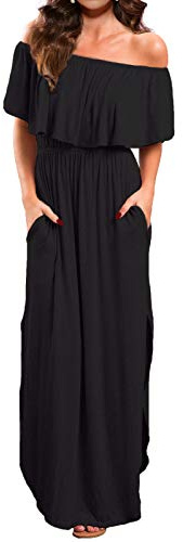 VERABENDI Women's Off Shoulder Summer Casual Long Ruffle Beach Maxi Dress with Pockets Black L