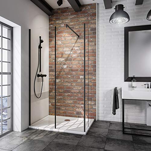 Schulte D583910 68 500 Duschwand Alexa Style 2.0 Walk In 2-teilig mit feststehendem Element Black Style, 120 x 200 cm, 6 mm Sicherheitsglas Klar hell fixil beschichtet, schwarz matt, Montage auf Duschwanne oder Fliese