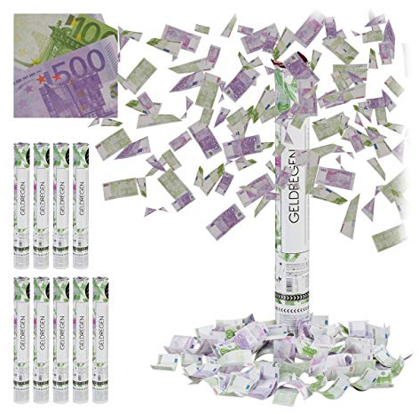 Relaxdays 10 x Cañones Confeti Billetes, 6-8 m de Alcance, para Carnaval o Cumpleaños, Papel-Cartón, 40 cm, Lila-Verde