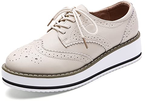 DADAWEN Women's Platform Lace-Up Wingtips Square Toe Oxfords Shoe Beige Leather US Size 8/Asia Size 40/25cm