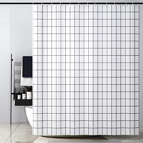 OCEUMACO Kariert Duschvorhang 240x200 Shower Curtains Textil Antischimmel Wasserdicht Geometrisch Motiv Duschvorhänge Badewanne Waschbar Stoff Extra Breit Vorhang mit Haken - Weiß