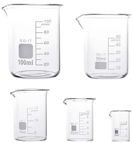 EMNIMQ 5stk Becherglas 100ml 50ml 25ml 10ml 5ml Becherglas Messbecher Labor Becherglas Set Glas Becherglas Borosilikatglas Bechergläser 50ml für Labor Laborglas Hitzebeständig Labor Messbecher Glas