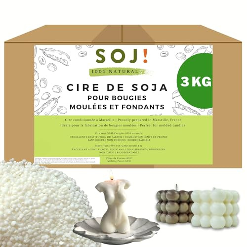 Cire de soja pour bougie moulée et fondant en pastille, Cire pour bougies sans OGM, 100% Naturelle et vegan, fabrication de bougies végétales, conditionnée en France (3KG)