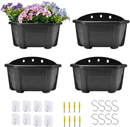 ORIMERC 25cm 4 Pack Wall Hanging Planters Plastic Retro Style Railing Hanging Planters Plants Flowers Plastic Pots Baskets for Balcony Fence Garden Outdoor Indoor-Dark Coffee