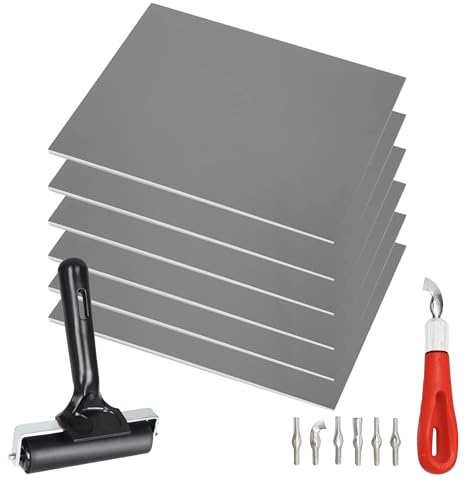 Pixiss Printmaking Supplies - Linoleum Blocks for Printmaking (6 Pack) 8x10x1/8 and Linocut Tools - Rubber Roller and Linocut Carving Tool for Block Printing Kit - Linoleum Stamp Making Kit