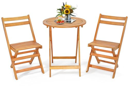 GOPLUS Juego de Mesa y Sillas Plegables de 3 Piezas de Madera de Acacia | Conjunto de Muebles para Jardín Exterior Interior Patio Terraza Balcón Piscina con Mesa Redonda y 2 Sillas
