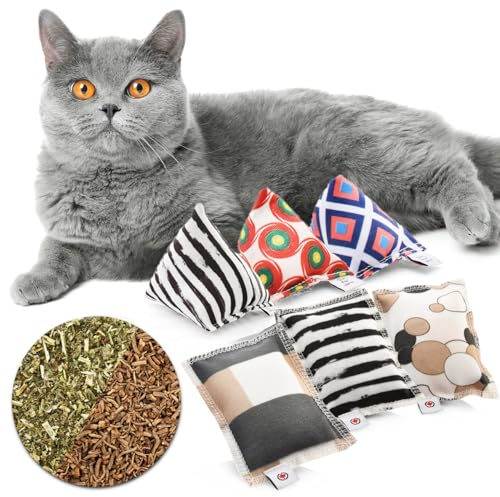 CanadianCat Company | Katzen Spielkissen Set, 3 Schmusekissen- & 3 Mini Pyramiden Set, Katzenminze & Baldrian Kräuterfüllung, Mini Pyramiden-Kissen, 6er Schmusekissen-Set