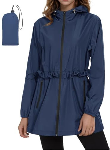 SotRong Veste d'été légère et imperméable à capuche pour femme, manteau de pluie à capuche, veste coupe-vent pour randonnée, course à pied, marche, camping, bleu marine, M