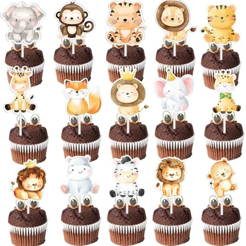 DazzJoy 34 Stück Tiere Tortendeko Kinder, Dschungel Deko Geburtstag Kuchendeko Junge, Safari Cupcake Topper, Waldtiere Kuchen Deko, Löwen Muffin Deko für Party, Baby Shower