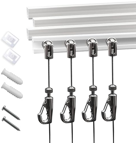 Sistema de riel para colgar cuadros - Innovador sistema de rieles para colgar cuadros que incluye 4 rieles de fotos de 24 pulgadas, 4 ganchos para rieles de cuadros de 2 m y accesorios de instalación,