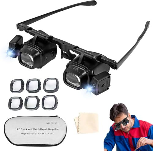CEWROM Lupenbrille mit Licht, Kopflupe für Brillenträger Lupenglas 2.0X 6.0X 10.0X 24.0X Fach Vergrößerung für Juwelierlupe, Lesen Hobbys, Nähen, Handwerk
