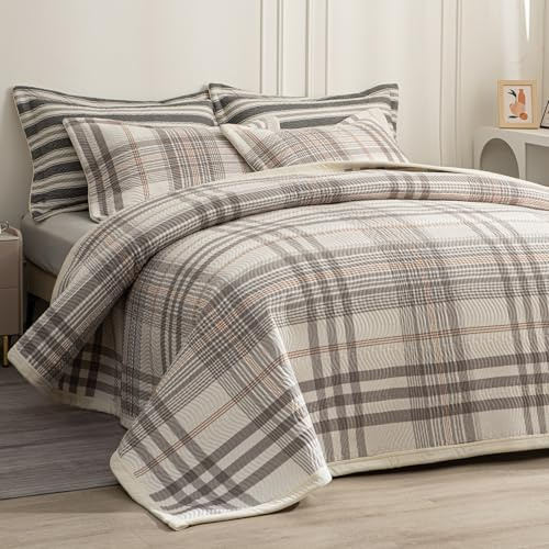 tohrisa Cotton Plaid Quilt Set, Ultra Soft 3 Pieces Queen Size Bedding with 2 Pillow Shams, Lightweight Reversible Coverlet Bedspread with Wave Quilting for Summer, 90x96, Grid-Grey White