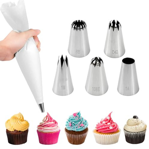 Profi-Spritzbeutel-Set 30 cm, 5 Stück Edelstahl-Tüllen für Kuchen, Spritzbeutel Mit tüllen Set, Edelstahl Spritztüllen für Kuchen, Torten, Keksen-Dekoration, wiederverwendbar und spülmaschinengeeignet