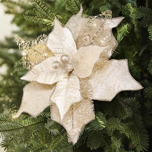 Alupssuc 10 pezzi fiori di Stella di Natale, 9 pollici artificiale fiore di Natale, decorazione scintillante per l'albero di Natale, decorazione floreale per Natale/Capodanno/festa, champagne