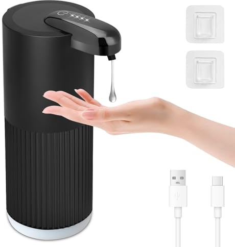 Cuteefun Dispenser Sapone Bagno Automatico, 400ml Dosatore Sapone Liquido Ricaricabile, 4 Livelli Regolabili, Impermeabile IPX5, Sensore a Infrarossi Senza Contatto per Cucina, Bagno, Nero a Coste