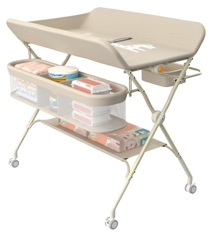 Willonin - Mesa de cambio móvil, cómoda para cambiar pañales plegable con cesta de almacenamiento, mesa cambiadora para recién nacidos y niños, almacenamiento, 5 alturas ajustables H62-90 cm, color
