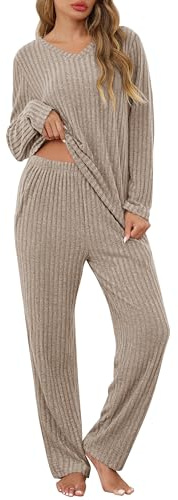 Lovasy Pyjamas for Women Ladies Ribbed 2 Piece Outfits Loungewear Sets Leisure Suits Soft Womens Pyjamas Set V Neck Long Sleeve Jumpers and Wide Leg Trousers with Pockets,Khaki,M
