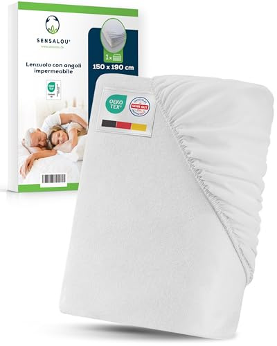 Sensalou Sábana Bajera Impermeable 150 x 190 cm en Rizo Acolchado, Protector de Colchón Grande, Transpirable y Sin Ruido, Certificado Dermatext y Oeko-Tex, Lavable a 95 °C