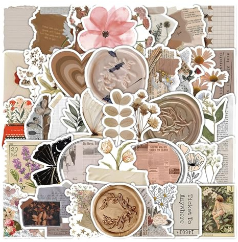 Reochps Vintage Sticker Set 60pcs Aesthetic Stickers for Water Bottles Waterproof Vinyl Journal Photo Album Kindle Scrapbook Laptop Suitcase Adult DIY Decorative