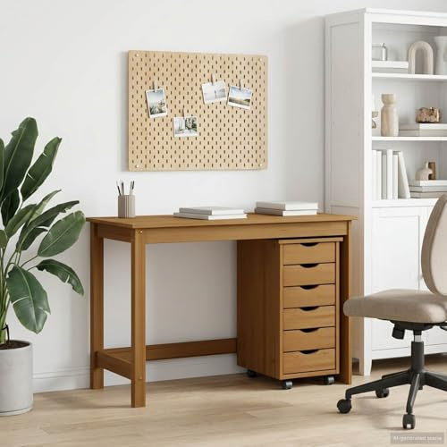 Teenpull Moss Desk and Rolling Container Set Made of Solid Pine Honey Brown, 2 Pieces, 6 Drawers, 4 Wheels, for Home Office, Study, Storage Space for Documents and Accessories