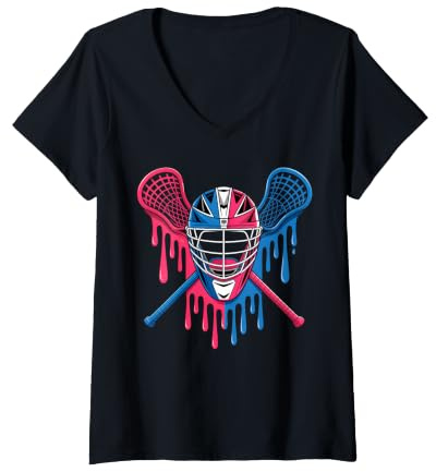 Women's Vibrant Colorful Dripping Helmet Lacrosse Sports Fan V-Neck T-Shirt