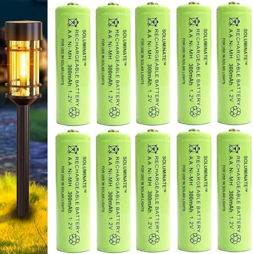 Soluminate AA Solar Light Batteries (300mAh) 1.2V Rechargeable NiMH for outdoor solar garden lights (10-Pack)