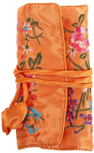 Cabilock Embroidered Jewelry Roll Bag Travel Organizer with Floral Brocade Design Multi-Pocket Cosmetic Storage Pouch for Earrings Necklaces Bracelets 10.62X7.87X0.19In