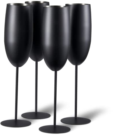 Oak & Steel - 4 Elegantes Copas De Cóctel De Acero Inoxidable Negro Mate Para Champán Y Prosecco, 285ml - Set De Regalo De Cristal Irrompible Para Cumpleaños Y Fiestas.